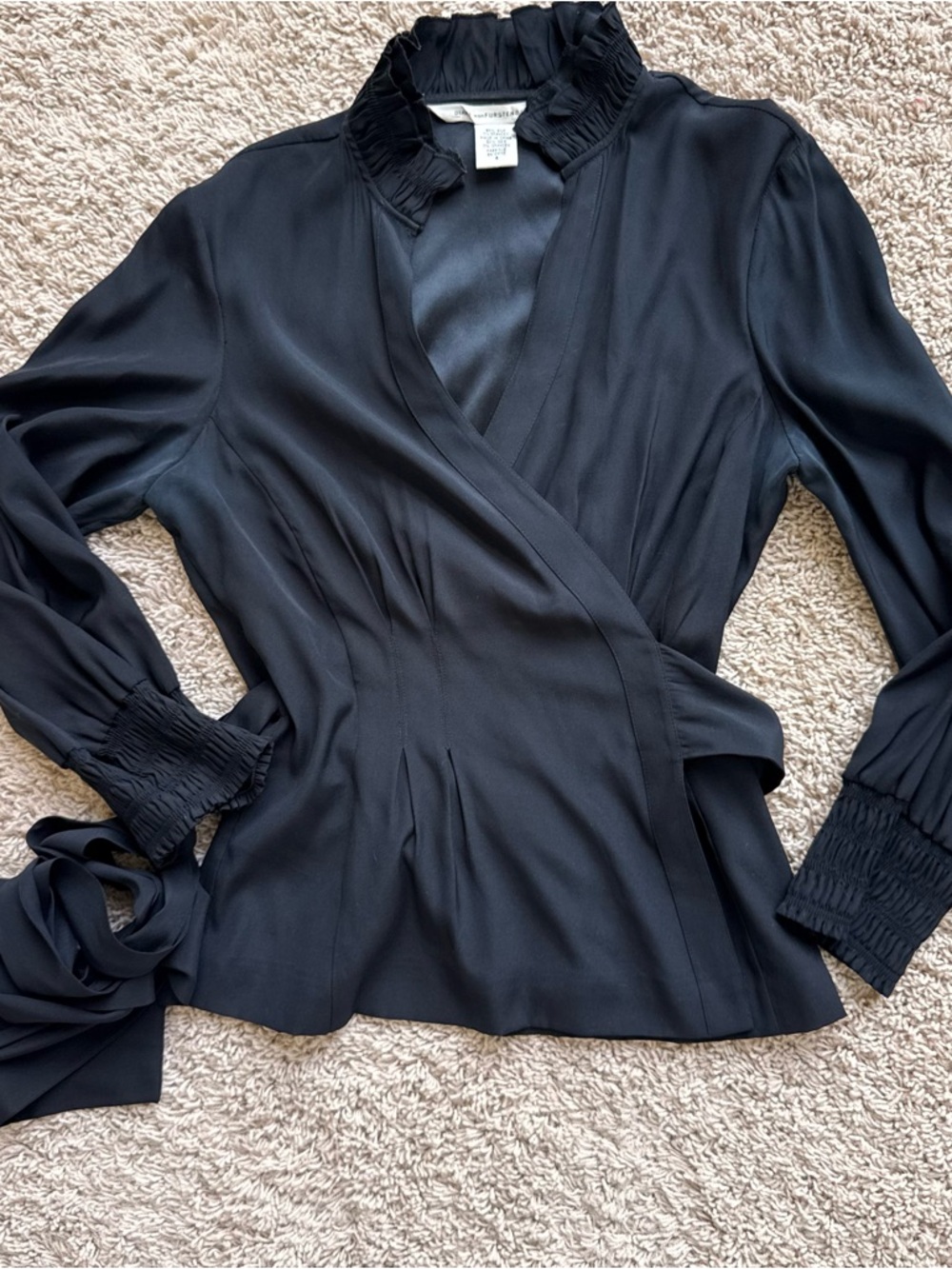 Diane Von Furstenberg Black Silk-Blend Top with Ruffled Neckline